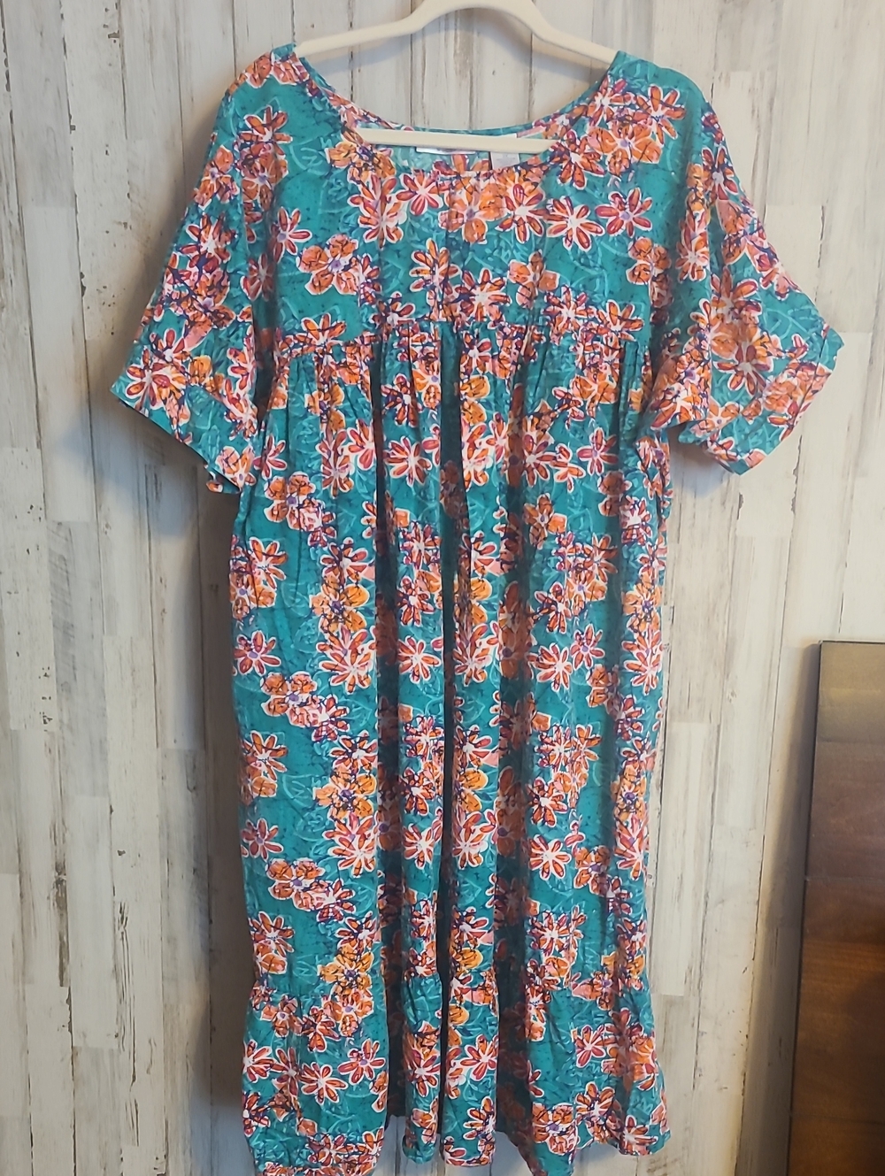 Cabernet Teal Floral Cotton Nightgown with Orange & Pink Blooms